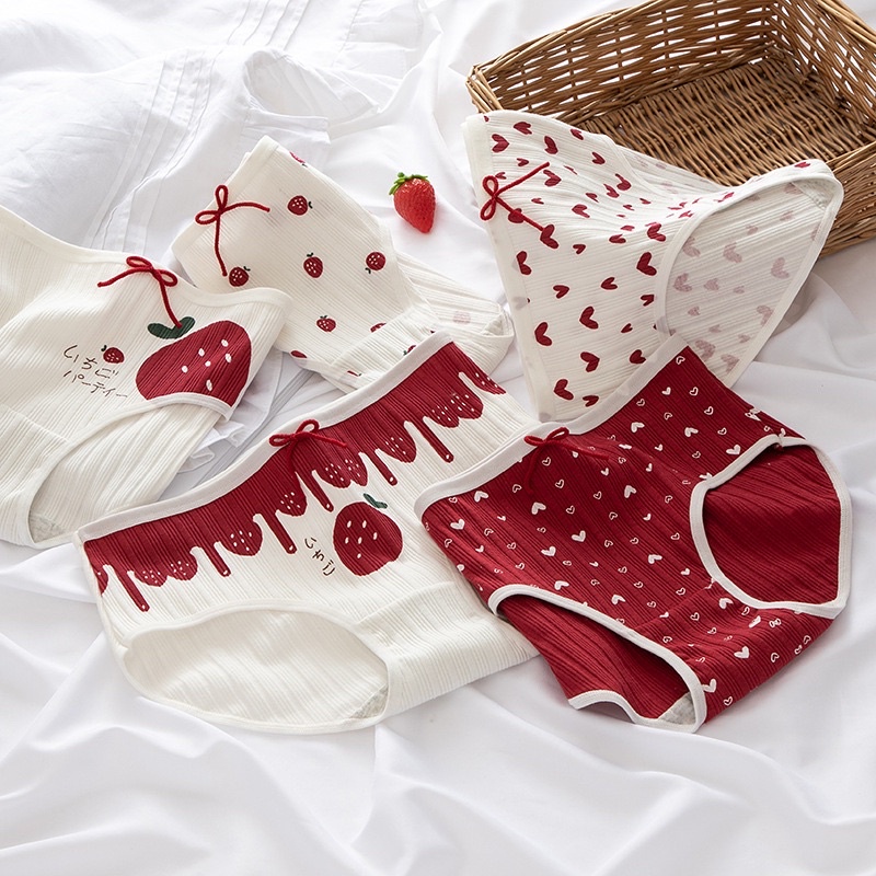 Quần Lót Cotton Tăm Tim - Dâu Đỏ Đính Nơ Mềm Mại Cute