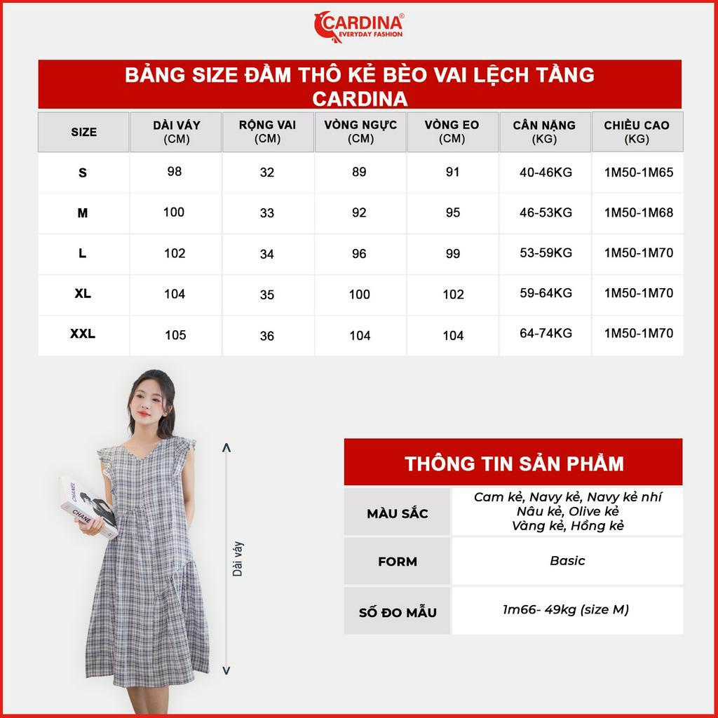 Đầm nữ CARDINA  chất thô cao cấp dáng suông kẻ bèo vai lệch tầng trẻ trung 3VTH06