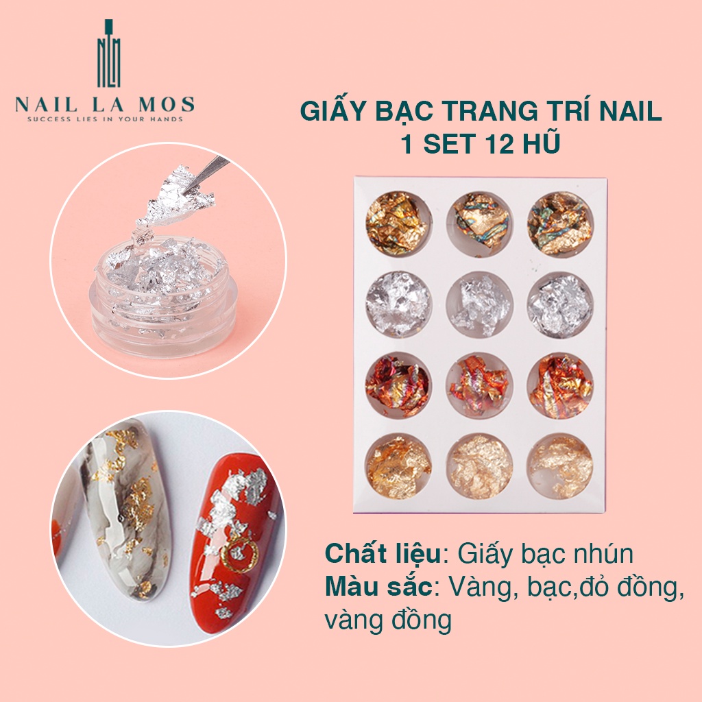 Set giấy bạc trang trí móng tay – giấy bạc nail 12 hũ gồm các màu thông dụng nhất dễ phối