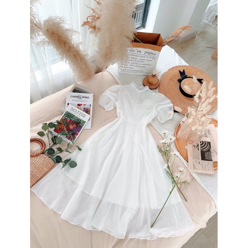 Váy đầm trắng dự tiệc sang trọng Vintage xòe cưới dự tiệc cô dâu chất voan tằm phối lưới V0060 full size HADI DRESS