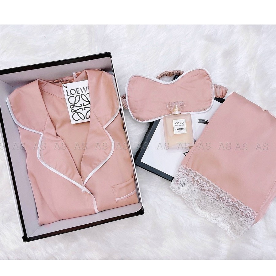 set bộ lụa pha ren gấu áo dài tay quần dài kèm bịt mắt 2 màu hồng xanh | BigBuy360 - bigbuy360.vn