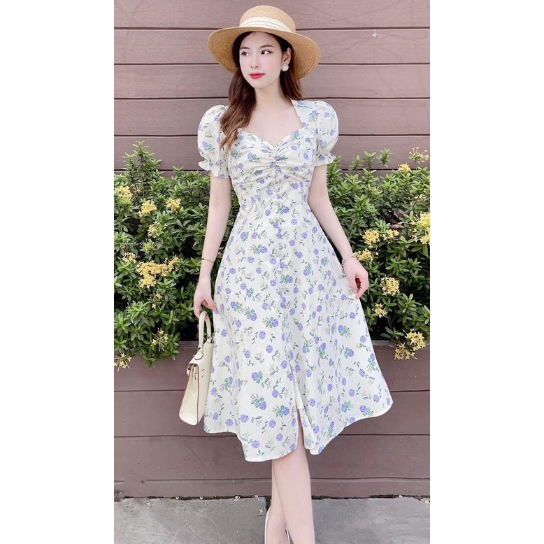 V94 | Váy thiết kế hoa nhí xanh tím cuộc tay nhún ngực siêu xinh | Tuli design