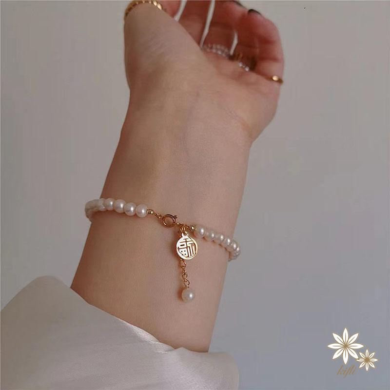 Vòng tay may mắn đính hạt ngọc trai phong cách Trung Hoa cổ điển cho nữ