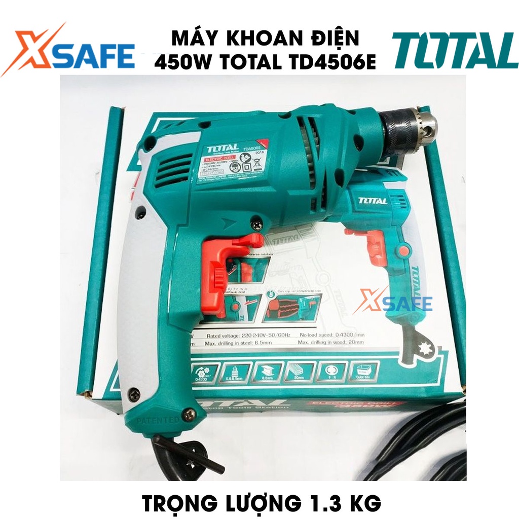 Máy khoan cầm tay TOTAL TD4506E 450w, khả năng khoan sắt 6mm, khoan gỗ 20mm, tốc độ 3200rpm, đầu khoan 6.5mm