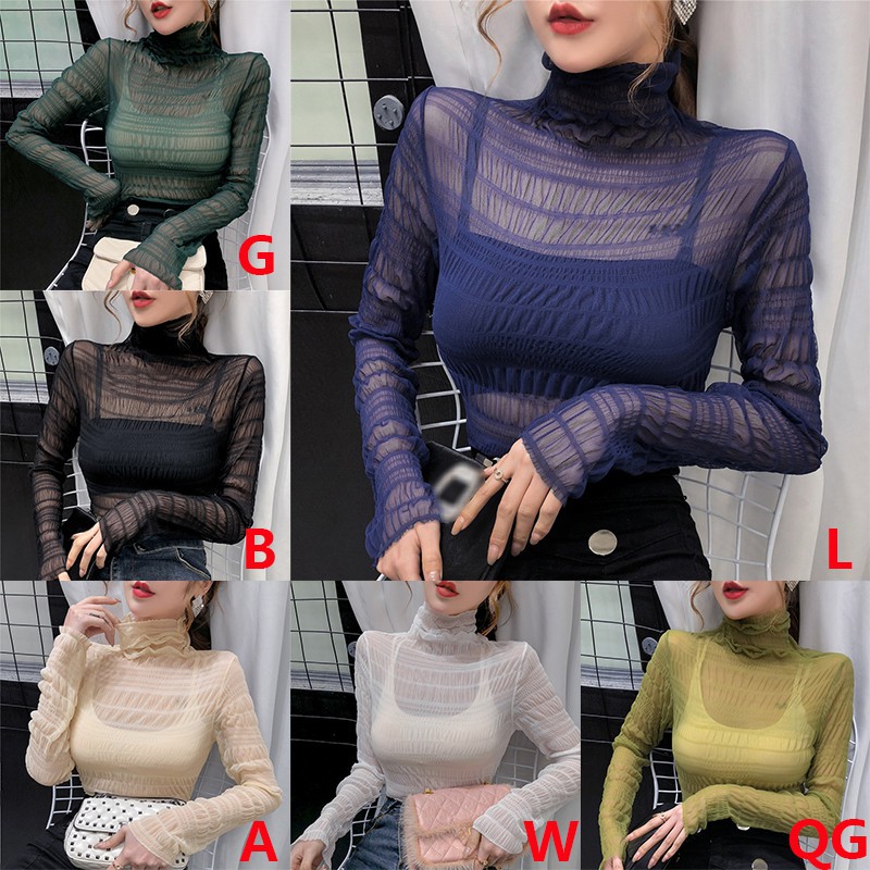 Áo sơ mi chất lưới tay dài cổ cao dáng ôm phong cách hàn quốc thời trang quyến rũ cho nữ