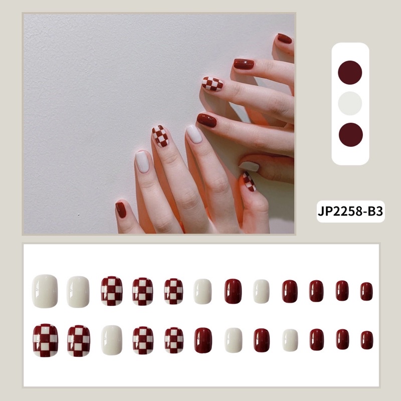 [Hàng mới về]Bộ 24 móng giả form ngắn kẻ caro trắng đỏ