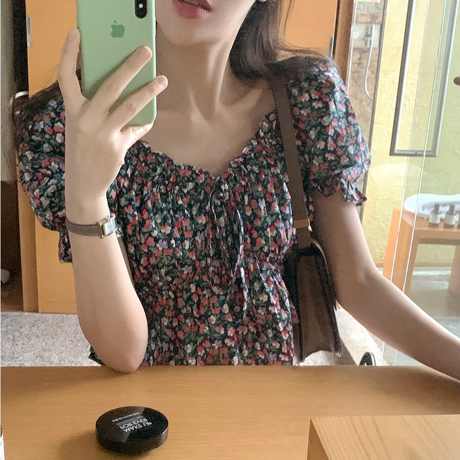 Áo SUXI tay ngắn cổ chữ V in hoa phong cách Hàn Quốc cổ điển