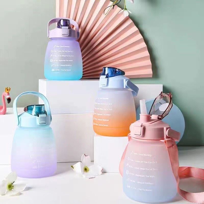 Bình Nước 1200 ML Thể Thao Nhắc Nhở Uống Nước Mỗi Ngày Tích Hợp Ống Hút Có vạch kẻ chia Bầu Bĩnh Siêu Yêu