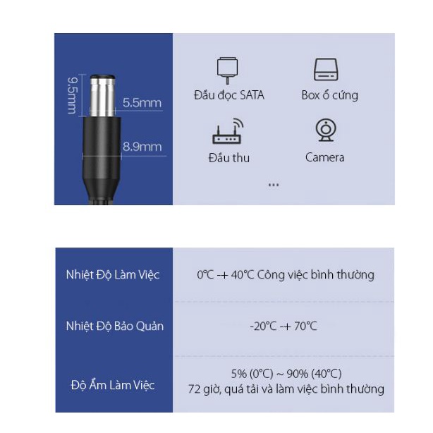 Adapter Nguồn 12V - 2A Ugreen 20359 ( Kích thước chuôi 5.5mm*2.1mm )