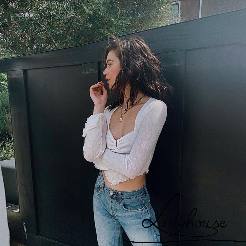 LDD-Women Sexy Short Top Long Sleeve V Neck See-Through Mesh Ruffled White Slim Fit T-shirts