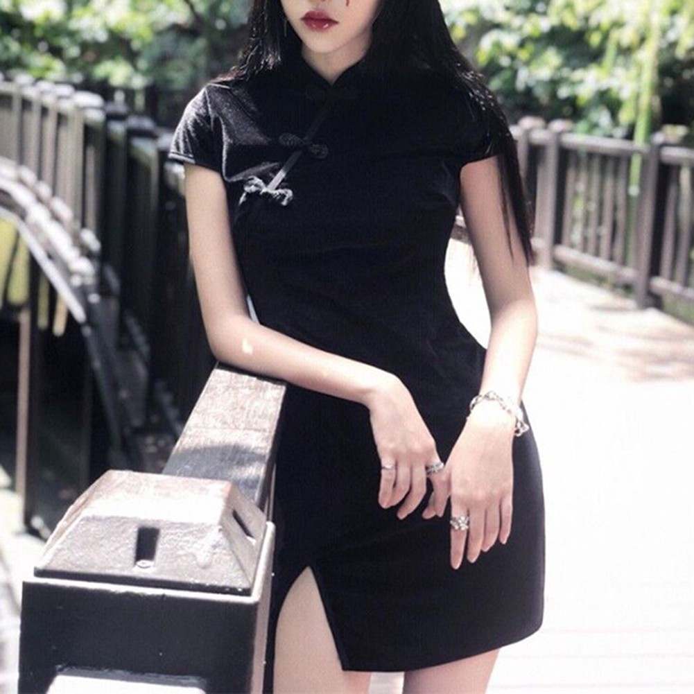 Chinese Women Solid Color Velvet Short/Long Sleeve Bodycon Cheongsam Mini Dress | BigBuy360 - bigbuy360.vn
