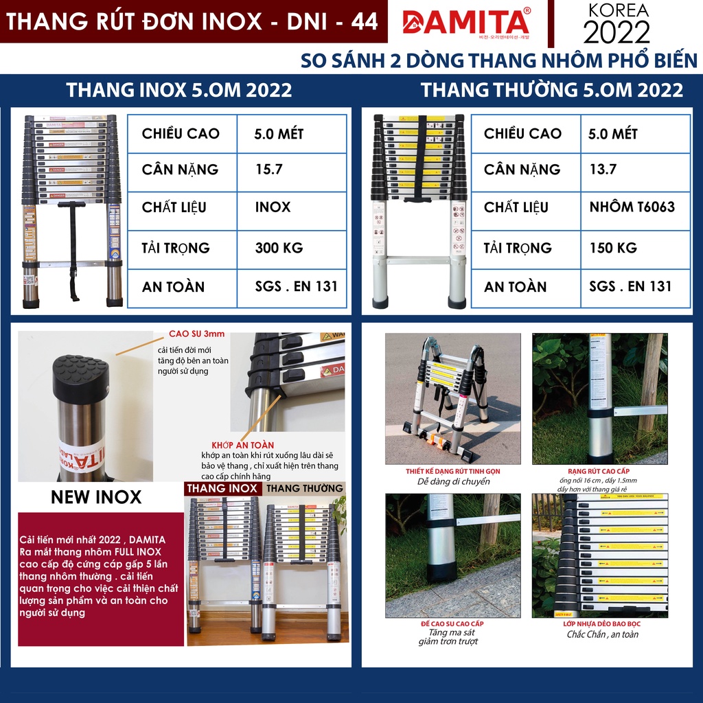 Thang nhôm rút đơn 4.1m INOX DAMITA 2022 mới cao cấp rút gọn đa năng đai an toàn nhựa ABS bảo hành 24 tháng FREESHIP 2h