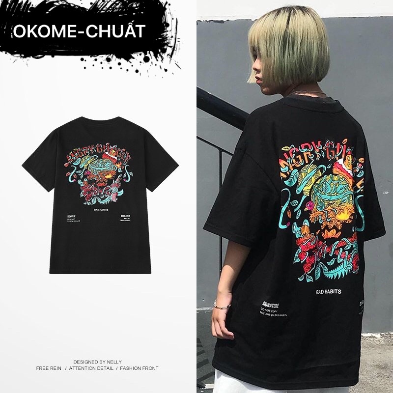 Áo Phông- Áo Thun dáng UNISEX Form Rộng Cổ Tròn Tay Lỡ NELLY Cotton 100% In Hình Angry Màu Đen