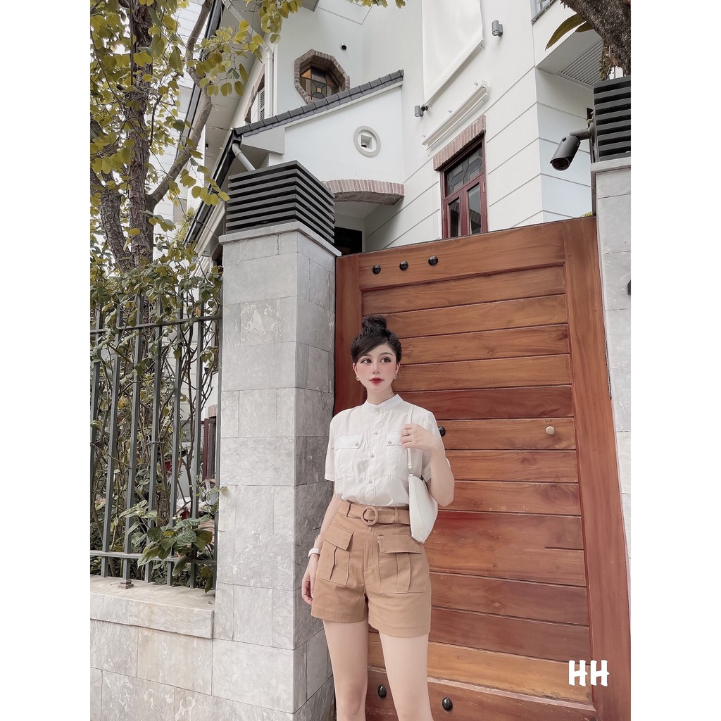 Set đồ nữ siêu xinh MALY SET gồm áo trắng cổ trụ và quần short nâu kèm đai, set bộ nữ trẻ trung sang trọng