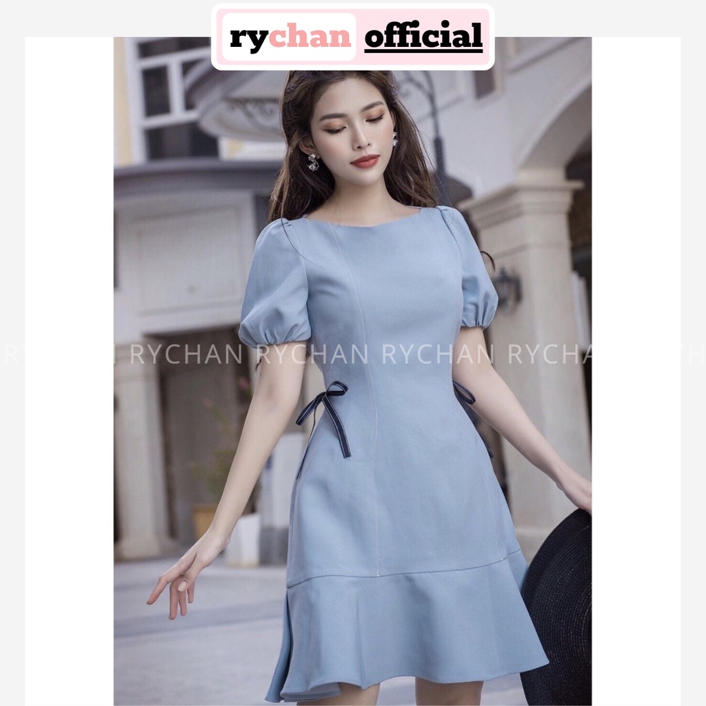 [ẢNH THẬT CUỐI] Đầm Xoè Xám Xanh Nơ Eo Tay Phồng Đuôi Cá - DX059