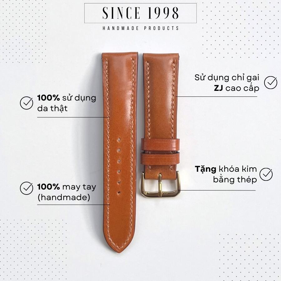 Dây Đồng Hồ Da Bò Nam 20mm 22mm, Da Thật, Handmade, Chống Nước, Chính Hãng, Màu Nâu Nhạt, Bảo Hành 12 Tháng