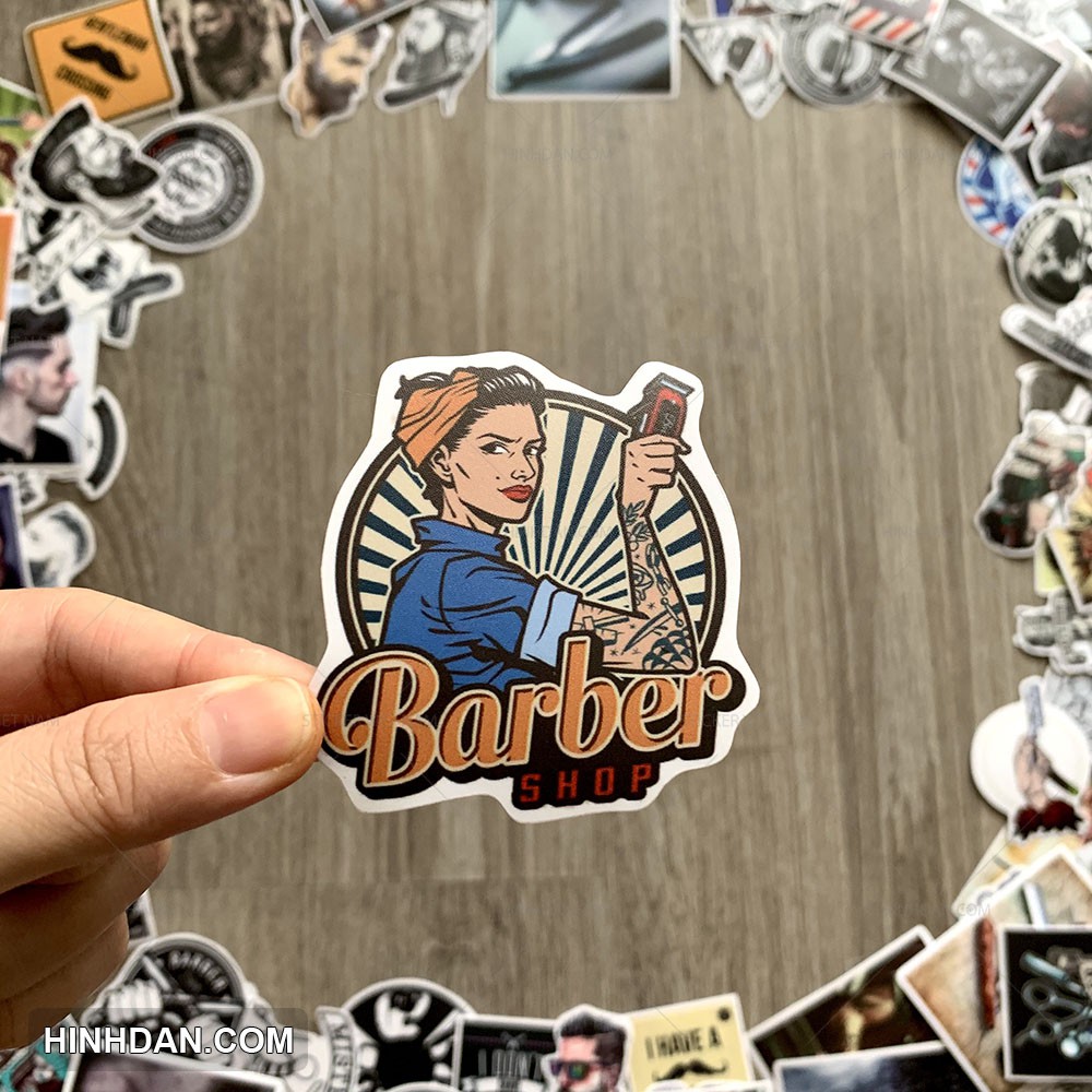 Sticker BARBER trang trí tiệm tóc nam, cửa hàng cắt tóc nam, tem dán chống nước, dán gương