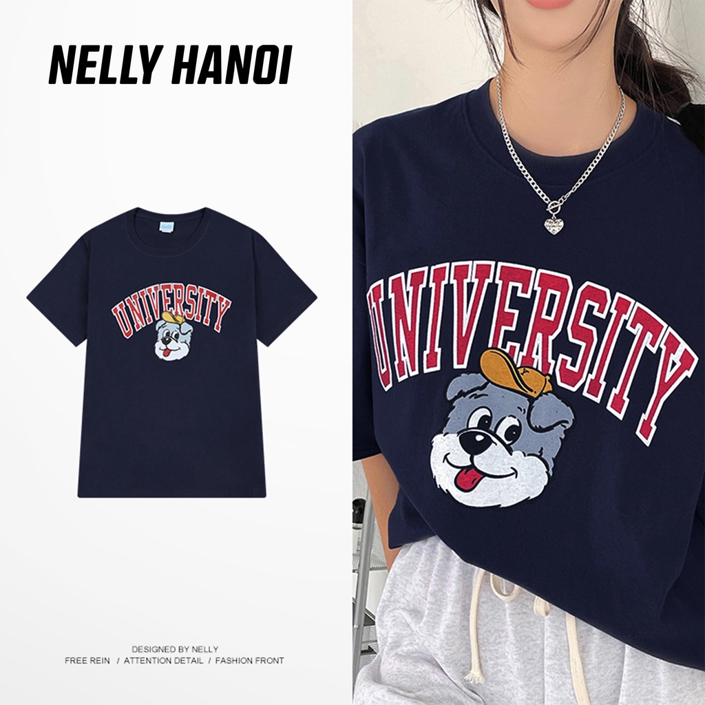 Áo phông NELLY form rộng unisex chất cotton hàng có sẵn giao ngay dành cho nữ màu xanh than mẫu UNIVERSITY 026