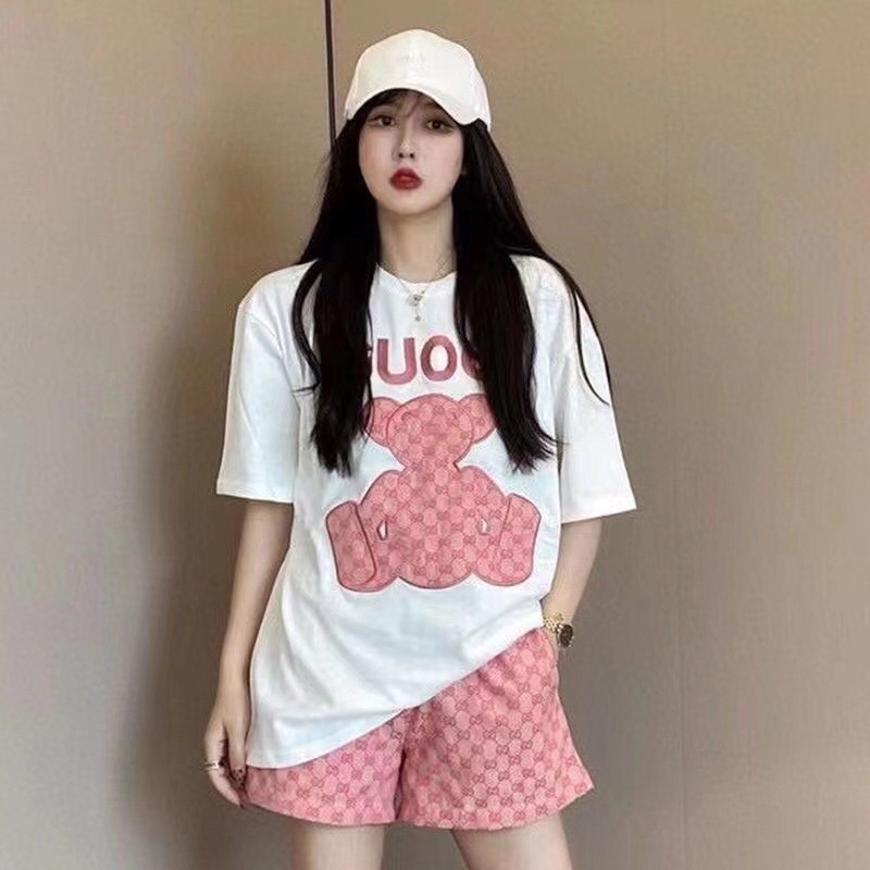 Bộ đồ mặc nhà quần đùi, áo cộc hình gấu chữ thêu