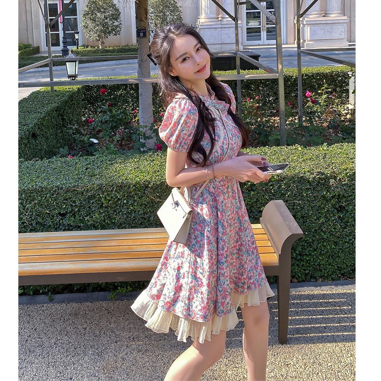 Boutique Internet celebrity same style stitching floral skirt 2021 New Stand Collar puff sleeve bow improved cheongsam d