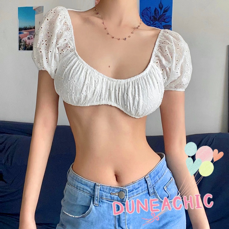 DUNEA Áo Croptop Cổ Vuông Tay Phồng Thời Trang Cho Nữ