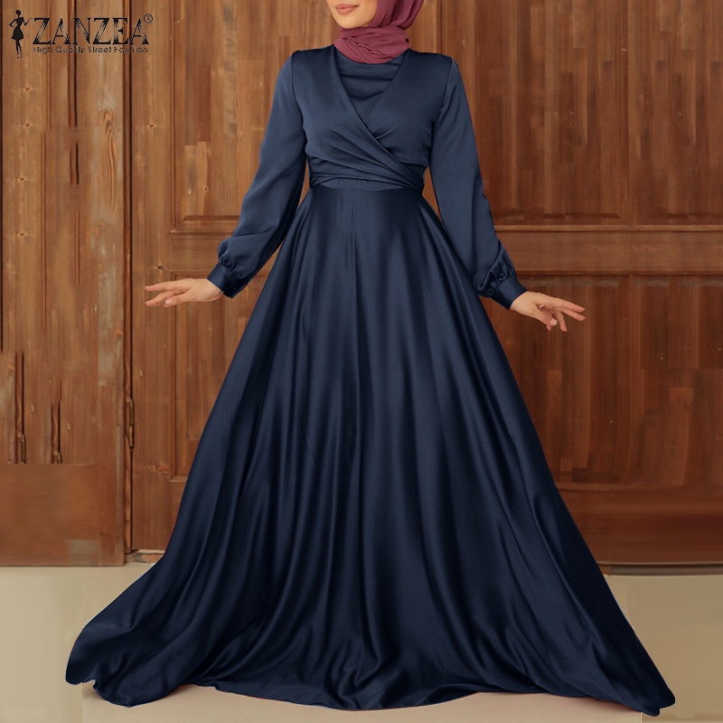 ZANZEA Women Muslim O-Neck Party Solid Satin Lace-Up Elegant Full Sleeve Casual Holiday Swing Maxi Dress