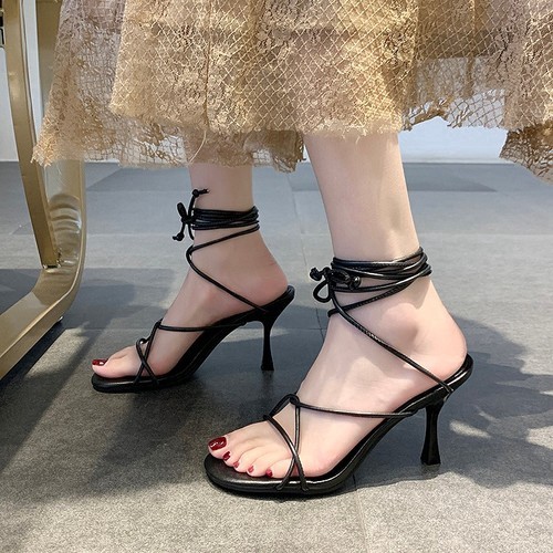 Giày Sandal Chiến Binh Cao Gót  Nữ Quai Chéo Buộc Dây Cao 7p Da Mềm Dễ Mang Không Đau Chân