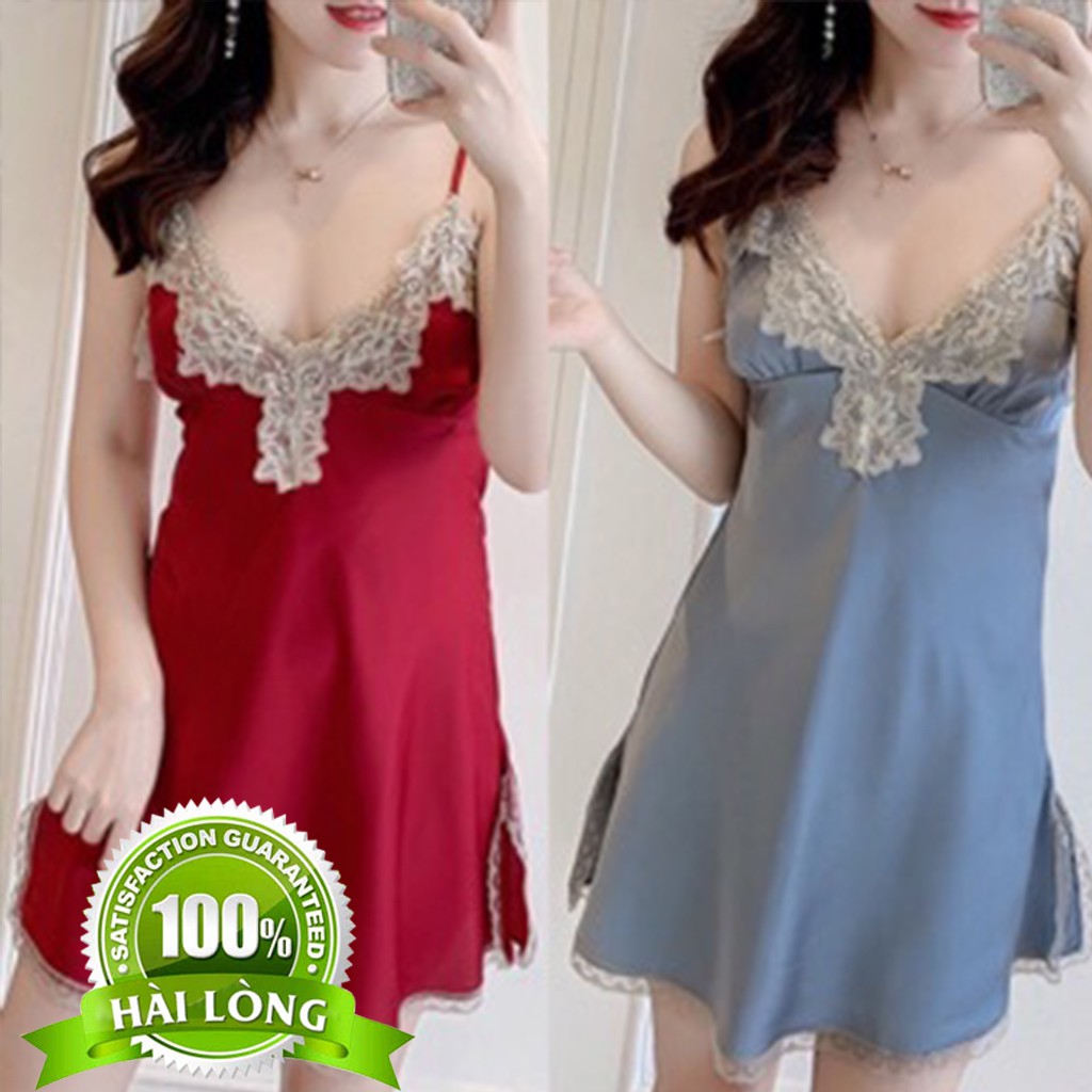 Váy Ngủ 2 Dây (Kèm Mút Ngực) Vải Satin Lụa Siêu Mát Siêu Mềm