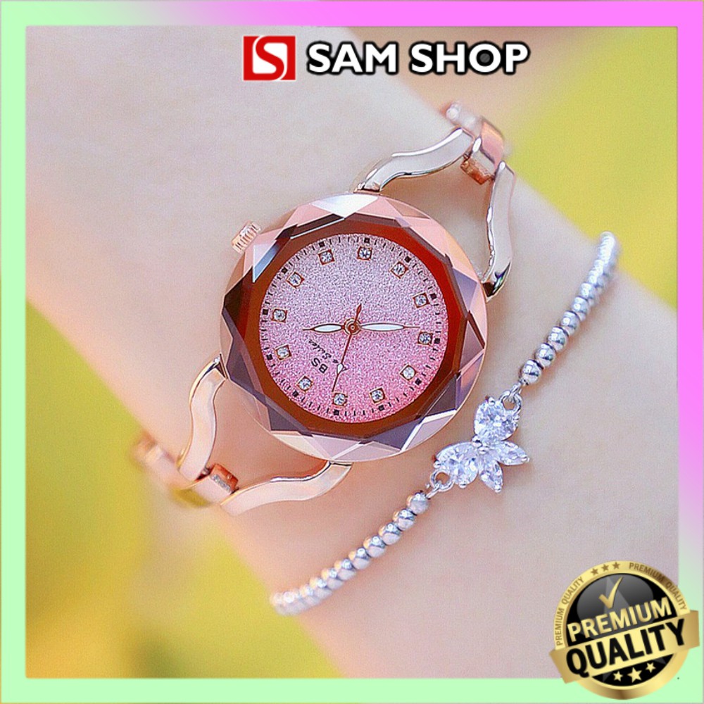 Đồng hồ nữ  BS BEE SISTER  mặt đa giác lấp lánh có dây đeo cách điệu(Tặng pin dự phòng)- Sam Shop