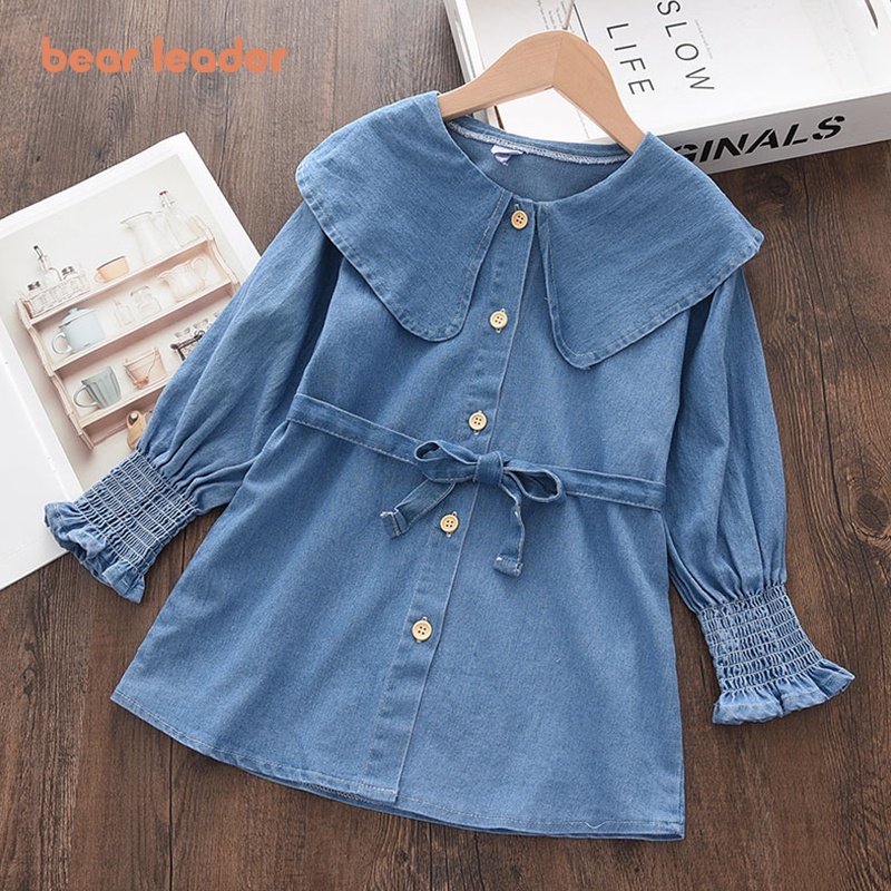 Đầm denim BEAR LEADER AH9083 tay dài màu trơn phong cách Hàn Quốc thời trang mùa thu mới cho bé gái