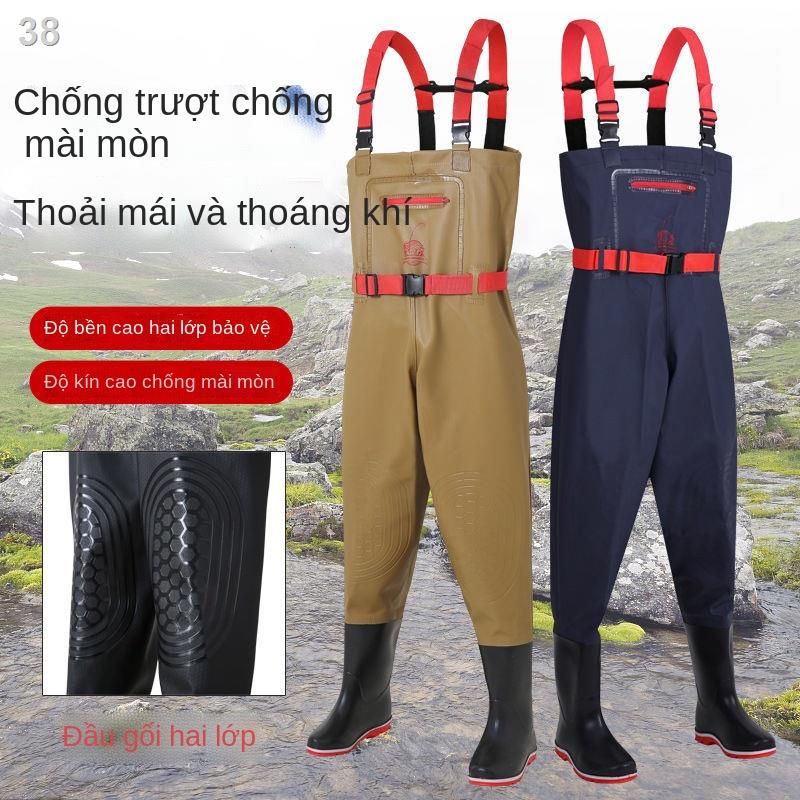 ✚Dày chống thấm nước quần mòn gân bò đáy nĩa da một mảnh thắt lưng đi mưa câu cá nam nữ lội