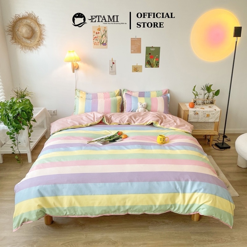 Bộ chăn ga gối cao cấp ETAMI cotton poly cầu vồng 7 sắc cute miễn phí bo chun drap giường , ga trải giường P02