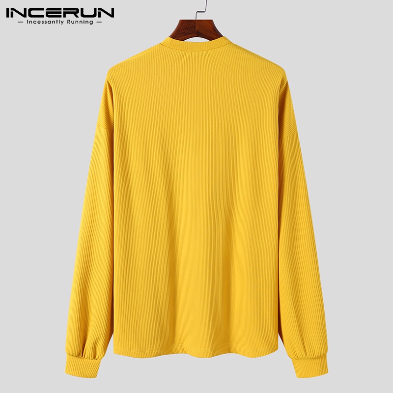 Áo thun chui đầu INCERUN tay dài màu trơn cổ tròn thường ngày cho nam