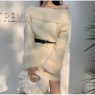 [ORDER] Váy len suông trễ vai tay len lông kèm belt