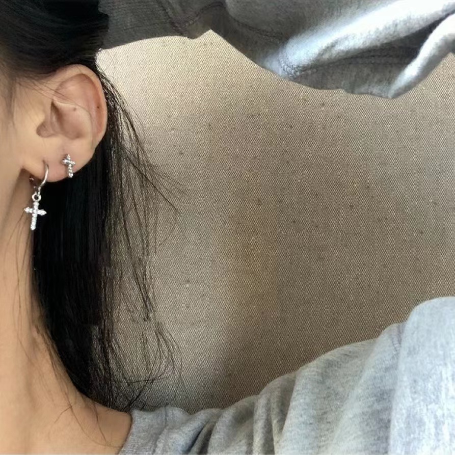 Bông Tai Hình Chữ Thập Bằng Bạc 925 Thời Trang Phong Cách Nhật Hàn Dành Cho Nữ