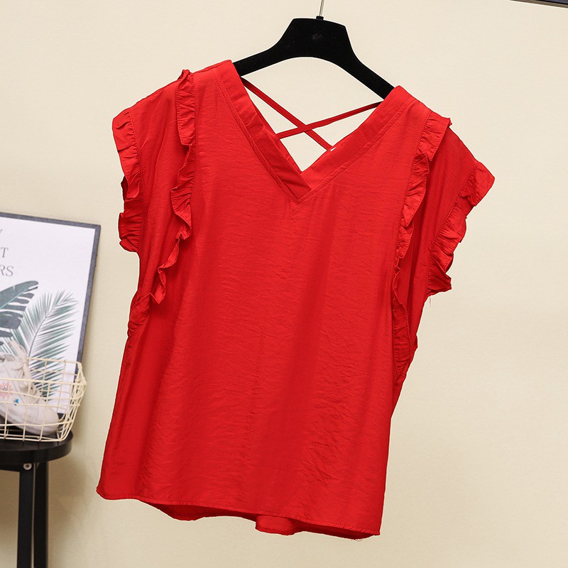 [Baywellfashion]Áo kiểu tay loe phối bèo màu trơn thiết kế cổ chữ V nữ tính | BigBuy360 - bigbuy360.vn