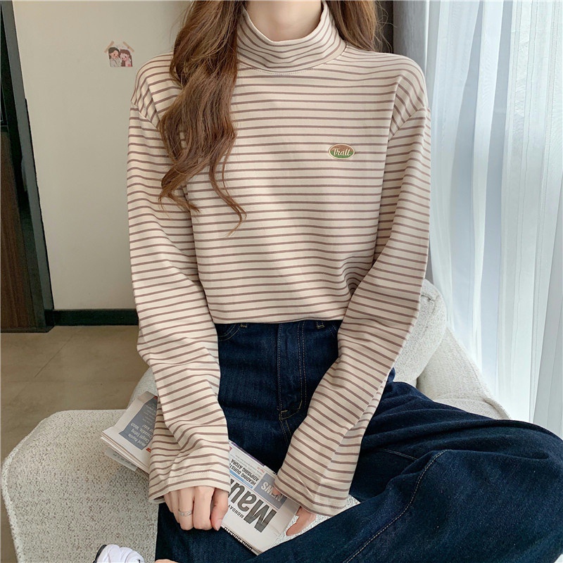 Áo thun tay dài cổ lọ họa tiết sọc ngang thời trang trẻ trung cho nữ