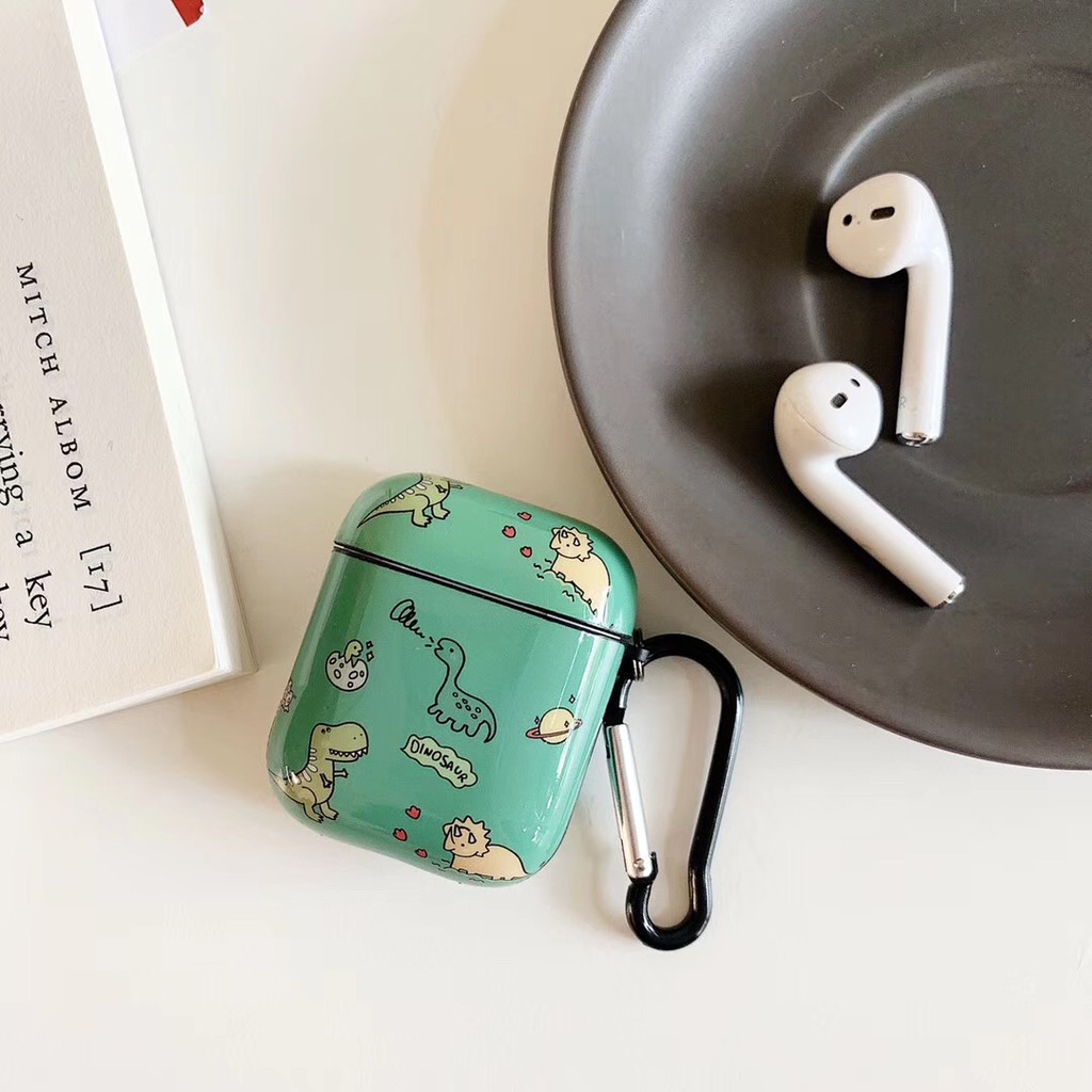 Túi đựng tai nghe Airpods Case có móc khóa họa tiết khủng long dễ thương Green AirPod Soft Case With Keychain