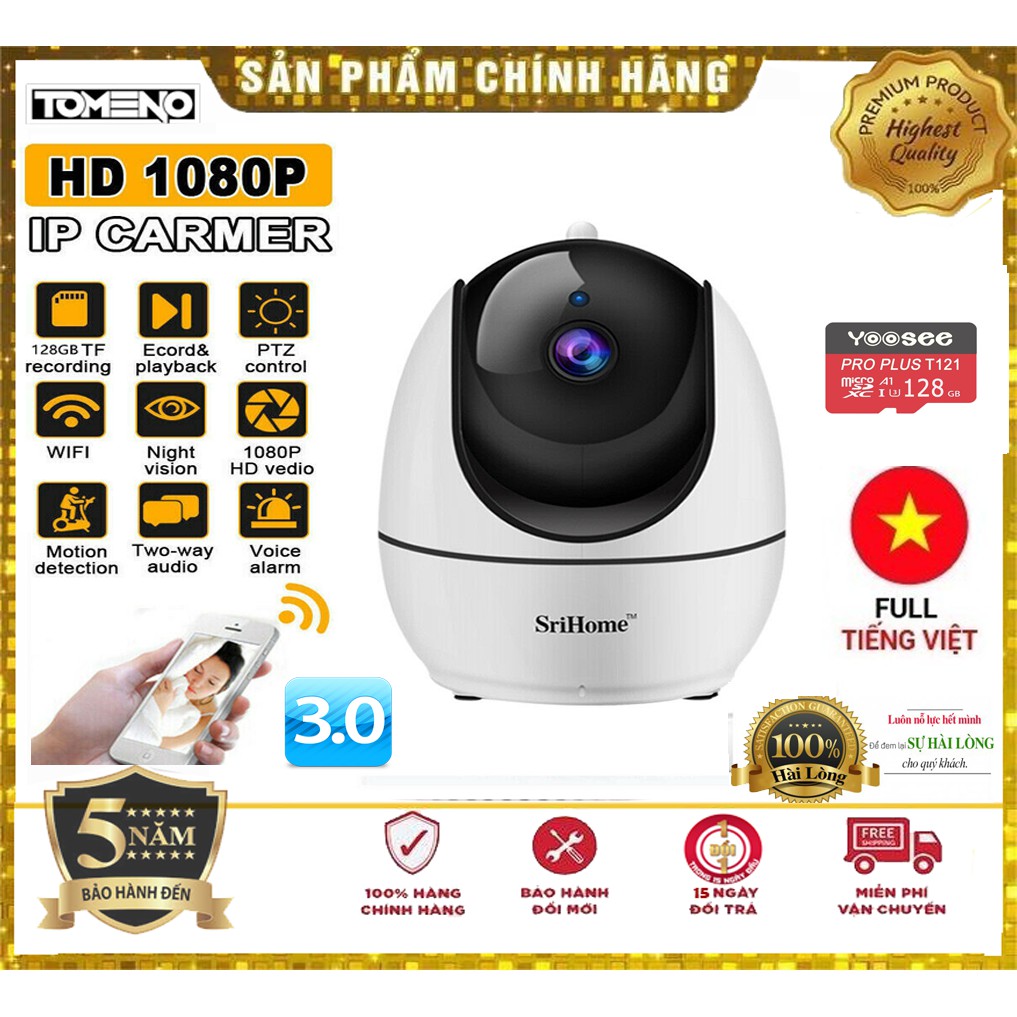 Camera WIFI SRIHOME 3.0MPX SH026 Xoay 360° Bảo hành 5 năm đổi mới trong 15 ngày sử dụng