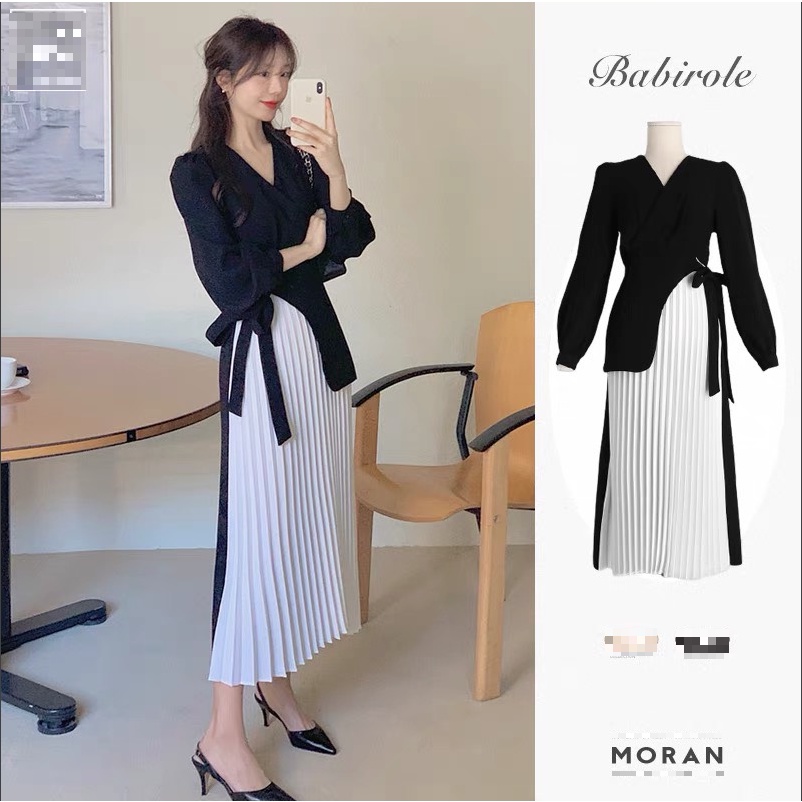 (ORDER) Váy MORAN dài tay màu đen cổ V phối tà xếp ly màu trắng thắt nơ eo sang trọng Hàn Quốc