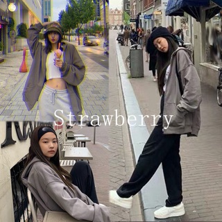 [Order Taobao] sẵn Áo nỉ kéo khoá zip có mũ xám Jennie Lisa