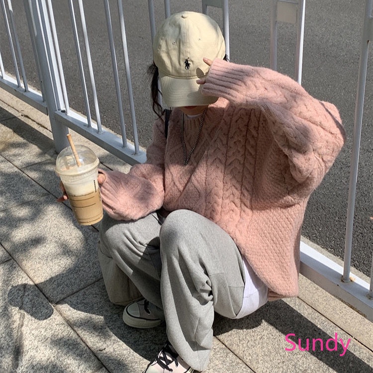 Áo Sweater Dệt Kim Dáng Rộng Màu Sắc Đơn Giản Cho Nữ