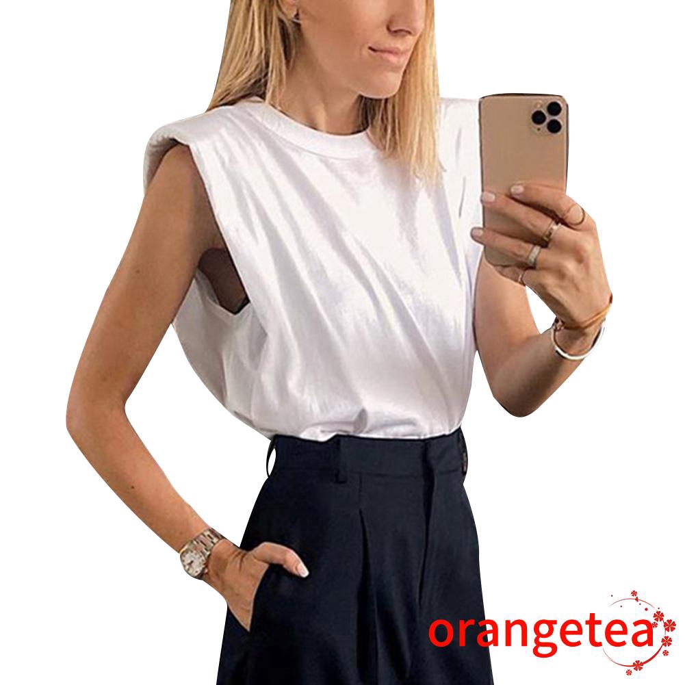 ➤♕❀❤Women Padded Shoulder T-shirts Sleeveless Solid Color Round Neck Top Casual Style Pullover