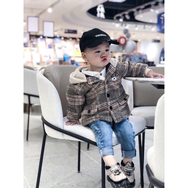 Áo khoác gấu dạ kẻ mũ lông cừu | BigBuy360 - bigbuy360.vn