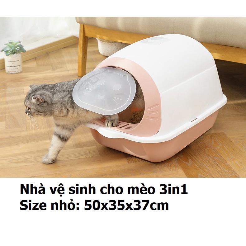 Nhà vệ sinh cho mèo nhỏ dưới 4kg (3in1) dạng hộp kín 3 trong 1 kiêm khay đựng cát và Tặng xẻng xúc cát mèo