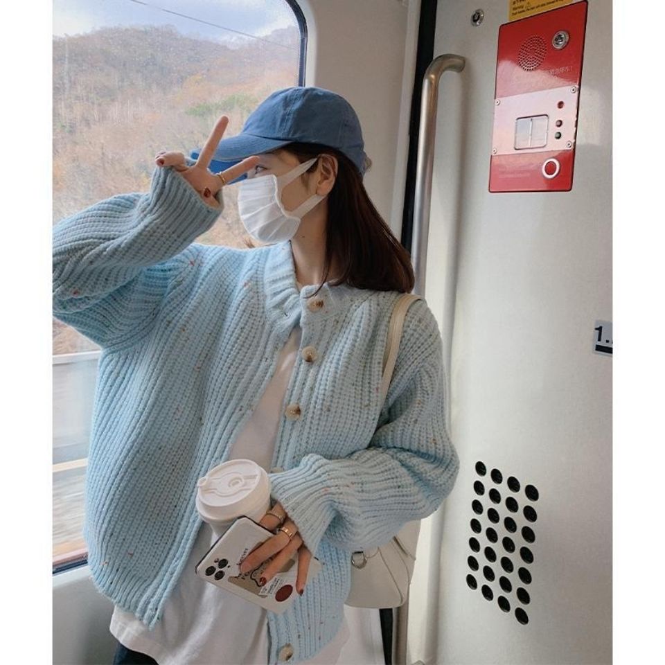 Áokhoác cardigan dệt kim mềm mại phong cách phương Tây thời trang màu xanh dương nhạt dành cho nữ