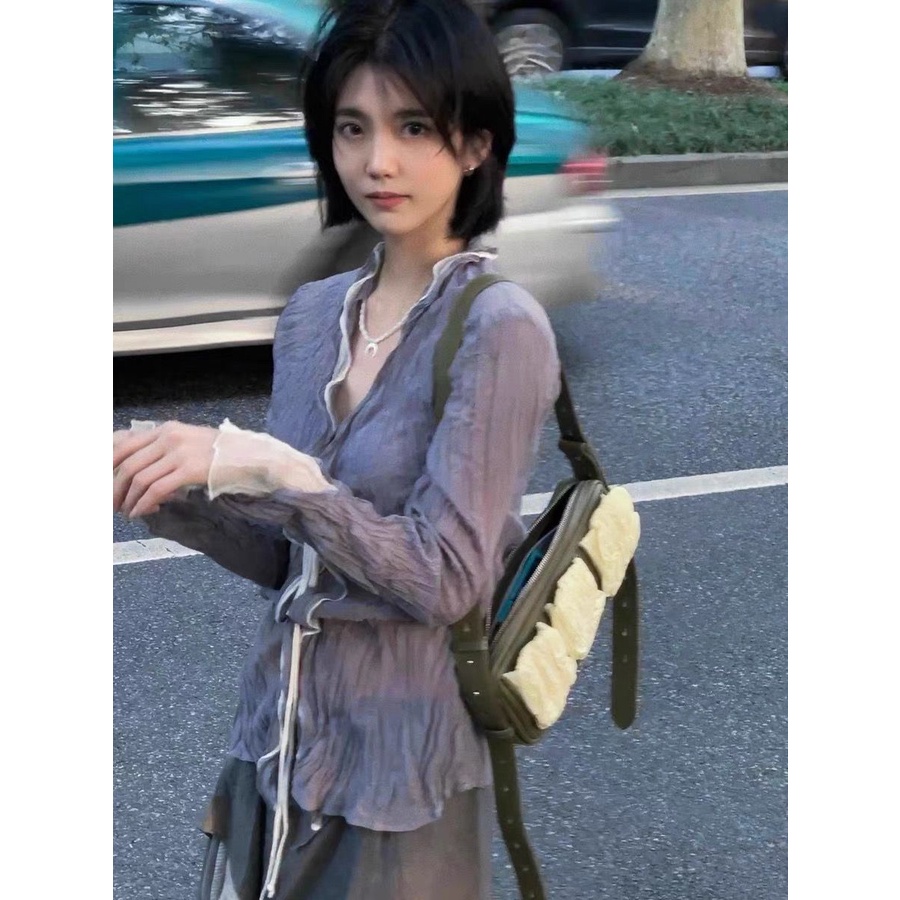 Áo Cardigan Dệt Kim Y2k Xếp Ly Dáng Ôm Tay Dài Chống Nắng Phong Cách Chic Cổ Điển Dành Cho Bạn Nữ