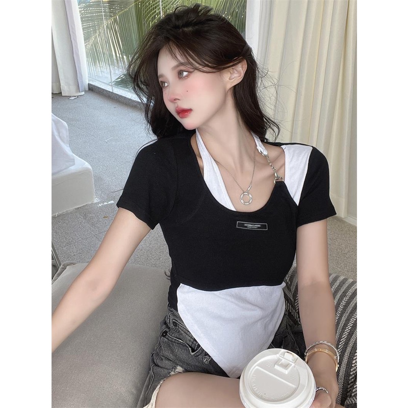 Áo sweater Giả Hai Lớp Dáng Ngắn Phối Khóa Kéo Thời Trang Cho Nữ