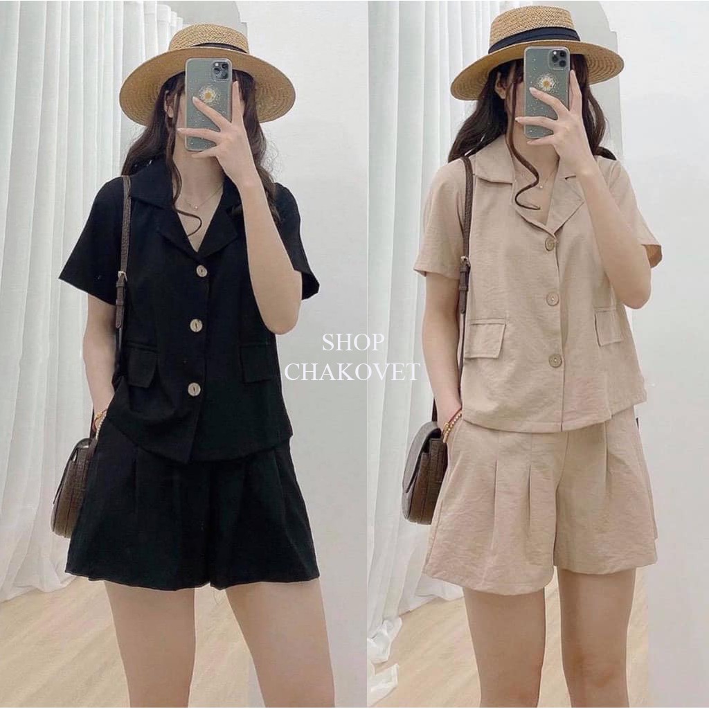 Sét đồ nữ Shop Chakovet CKS502, kiểu áo cộc tay cổ vest kèm quần đùi đũi giả váy, Set áo sơ mi nữ quần short cực xinh