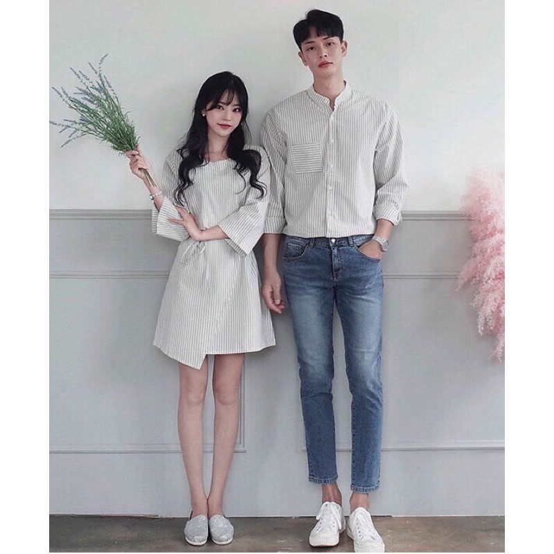 Đồ đôi dạo phố sọc rêu form ngắn - Forever Couple 2403 (giá gồm áo + váy)